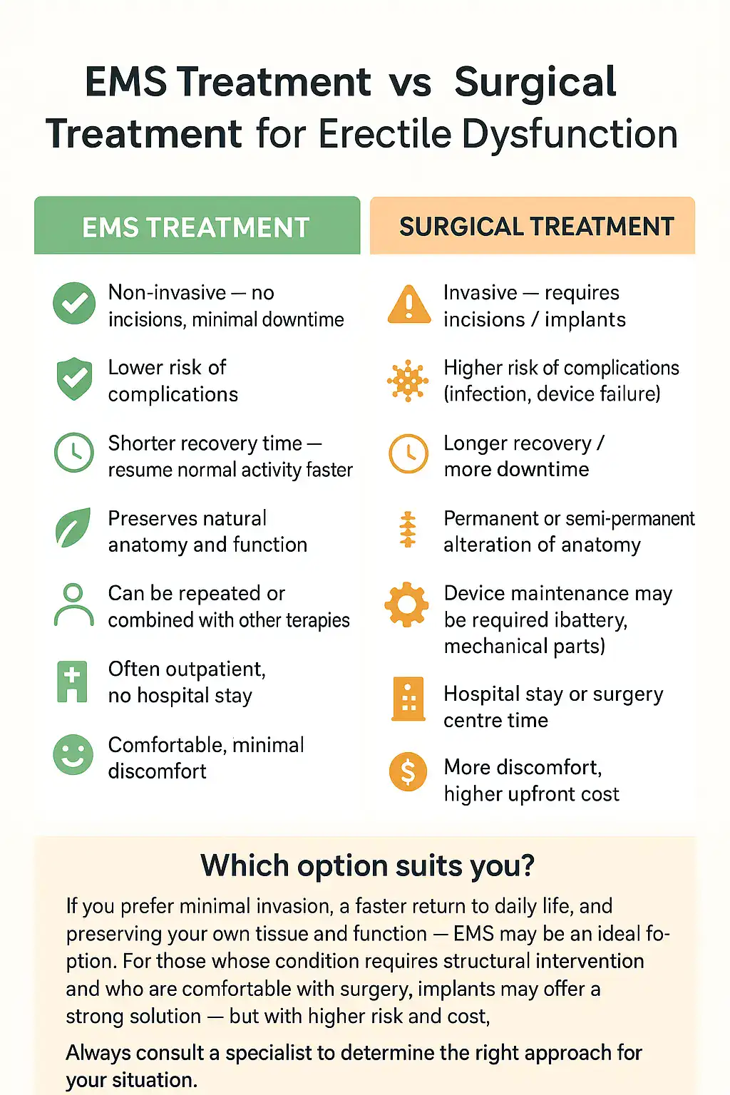 A table showing the benefits of EMS chair for erectile dysfunction treatment Doncaster compared to surgery.