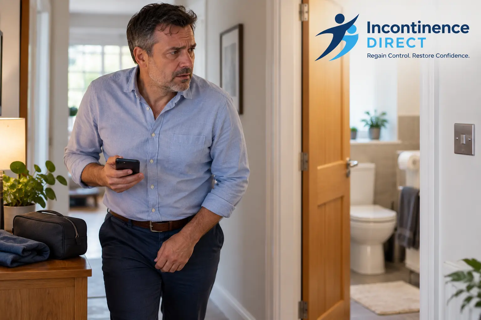 Worried Man Near Open Bathroom affected from faecal incontinence safety tips from incontinence direct Doncaster