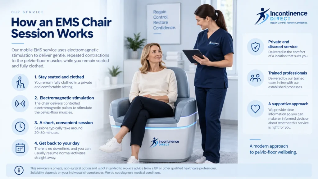 how ems chair session works at incontinence direct Doncaster a detailed infographics for the incontinence process