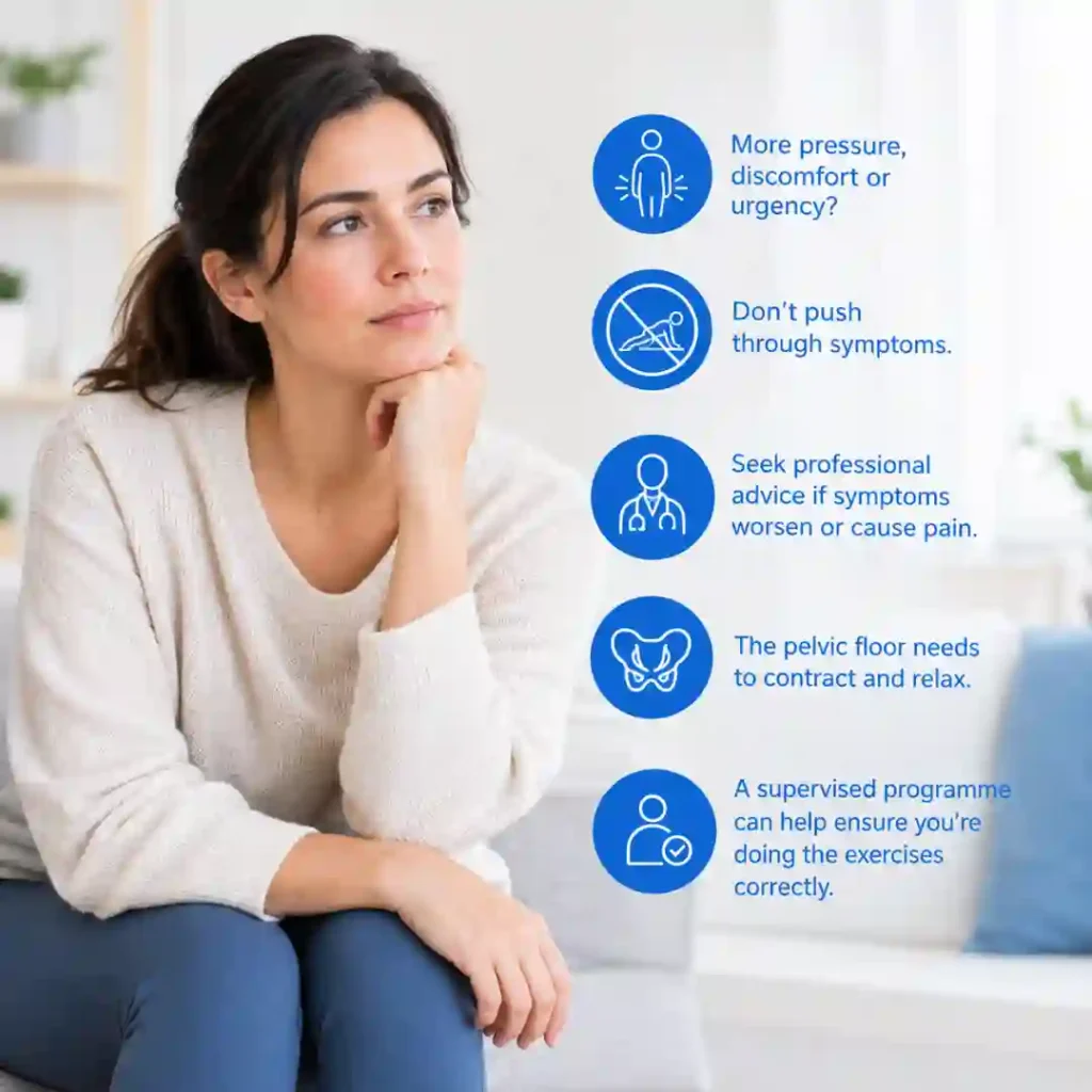 Pelvic-floor exercises Doncaster involve controlled contraction and relaxation. Persistent pressure, discomfort or urinary urgency may warrant professional assessment.